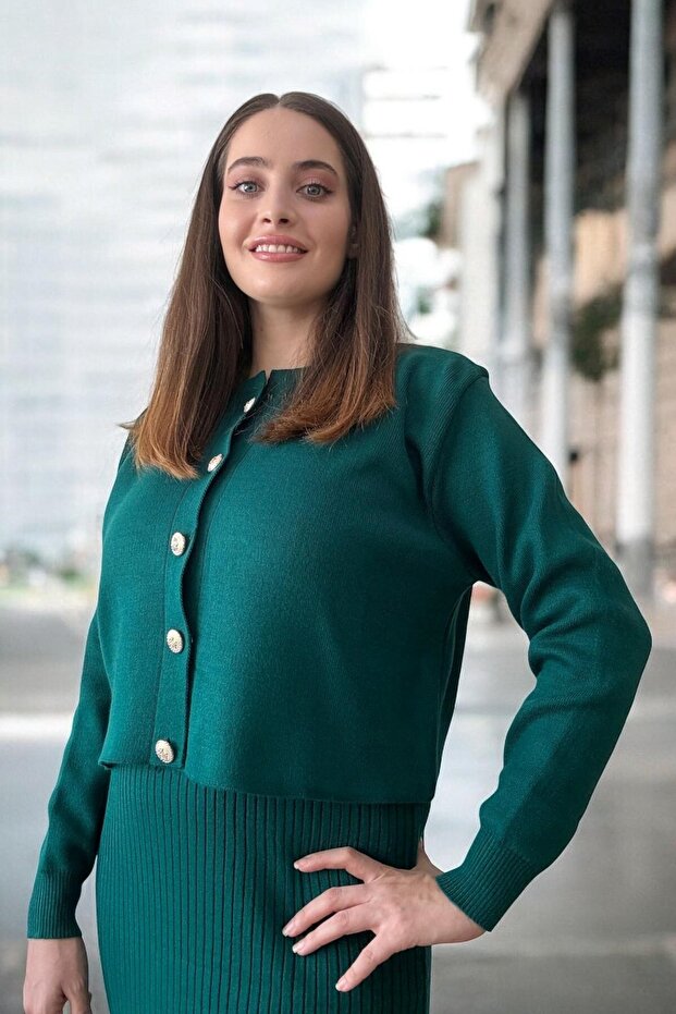 E0037 Ceketli Elbiseli Triko Takım - Yeşil - 3