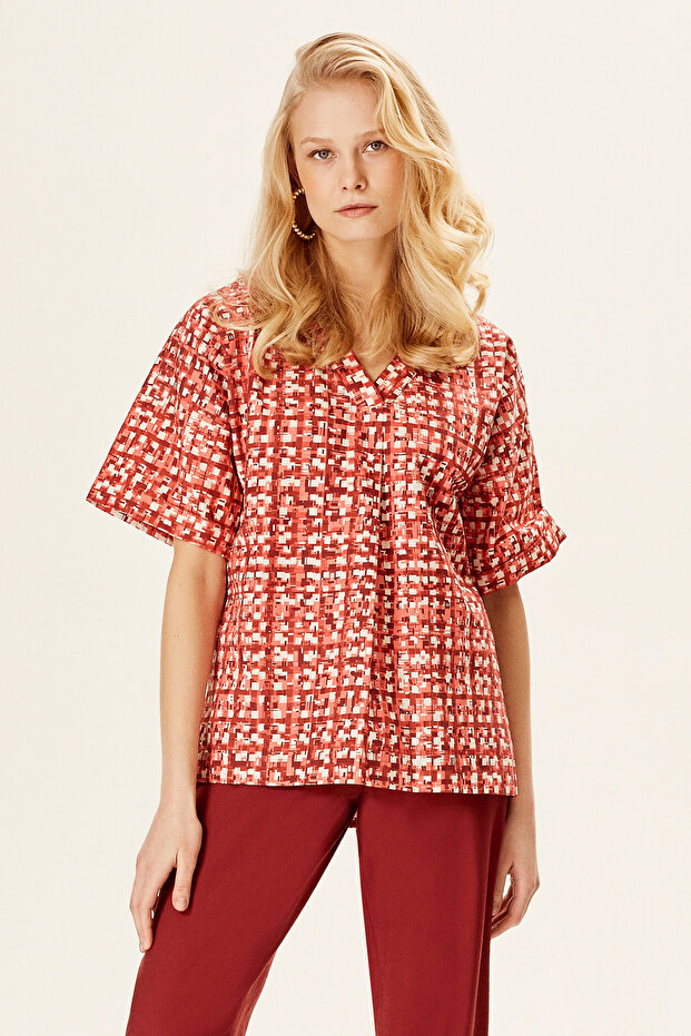 V Yaka Pileli Bluz - 1