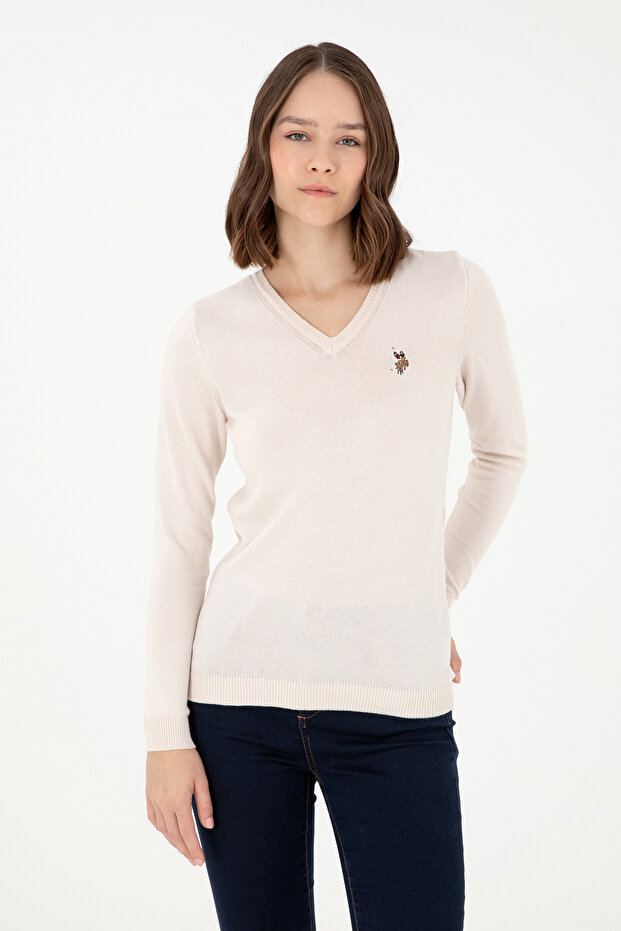 Women's Cream Melange Basic V-Neck Sweater 50288983-Vr159