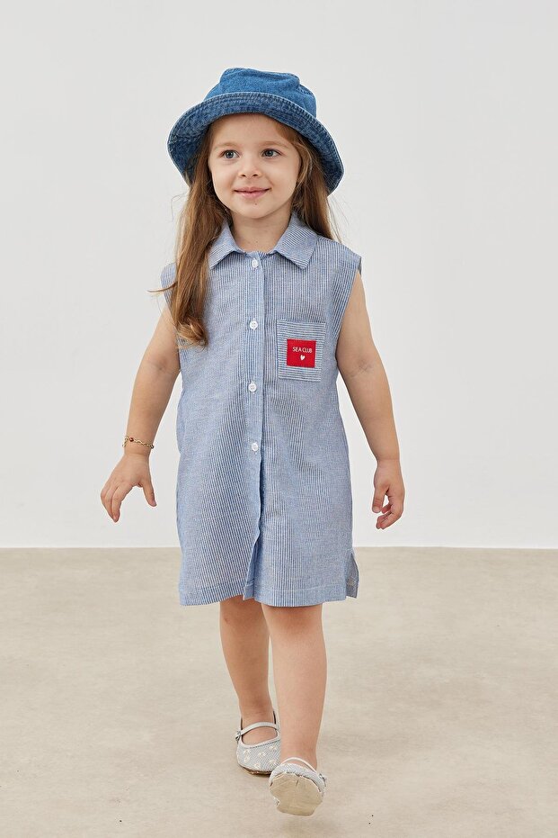 Mavi Çizgili Gömlek Elbise - 4