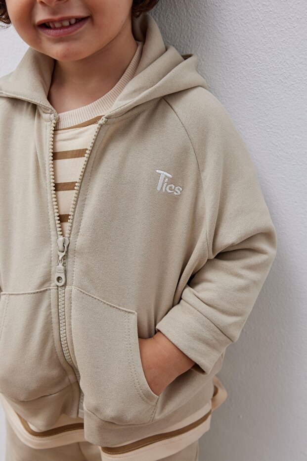Zippered Hooded Beige Set - 1