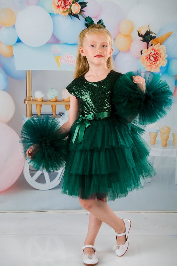 Girl's Green Buckle Pompom Sleeves Evening Dress Party Birthday Dress