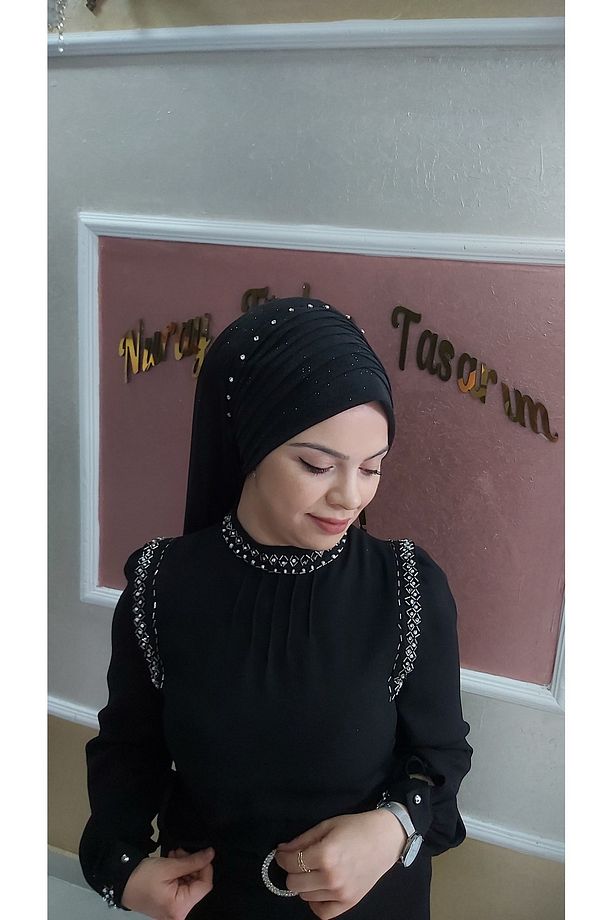 DRAPELİ DUVAKLI SİYAH HAZIR TÜRBAN HAZIR ŞAL - 1
