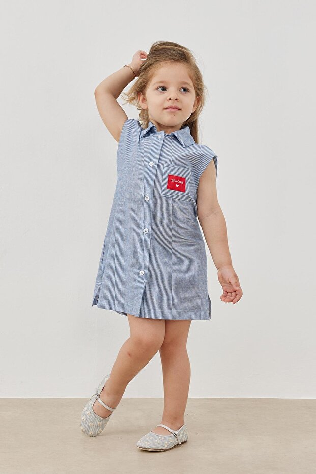 Mavi Çizgili Gömlek Elbise - 3