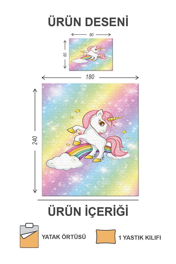 Kapitoneli Pamuk Dolgulu Kadife Kumaş Unicorn Desenli Tek Kişilik Çocuk Genç Yatak Örtüsü Seti - 2