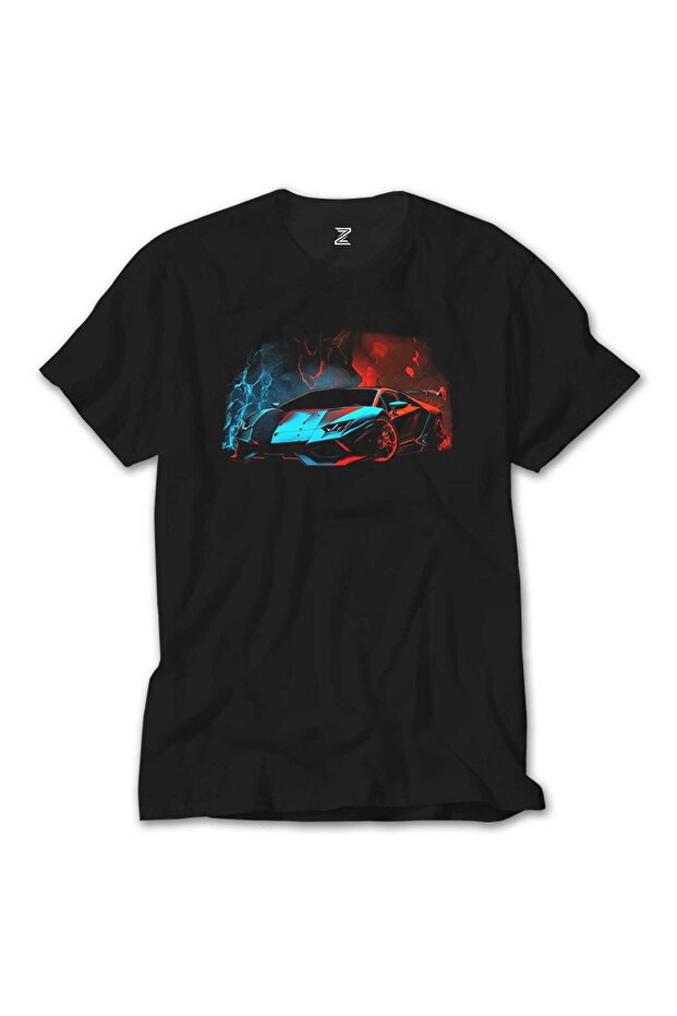 Lamborghini Blue Red Neon Black T-Shirt