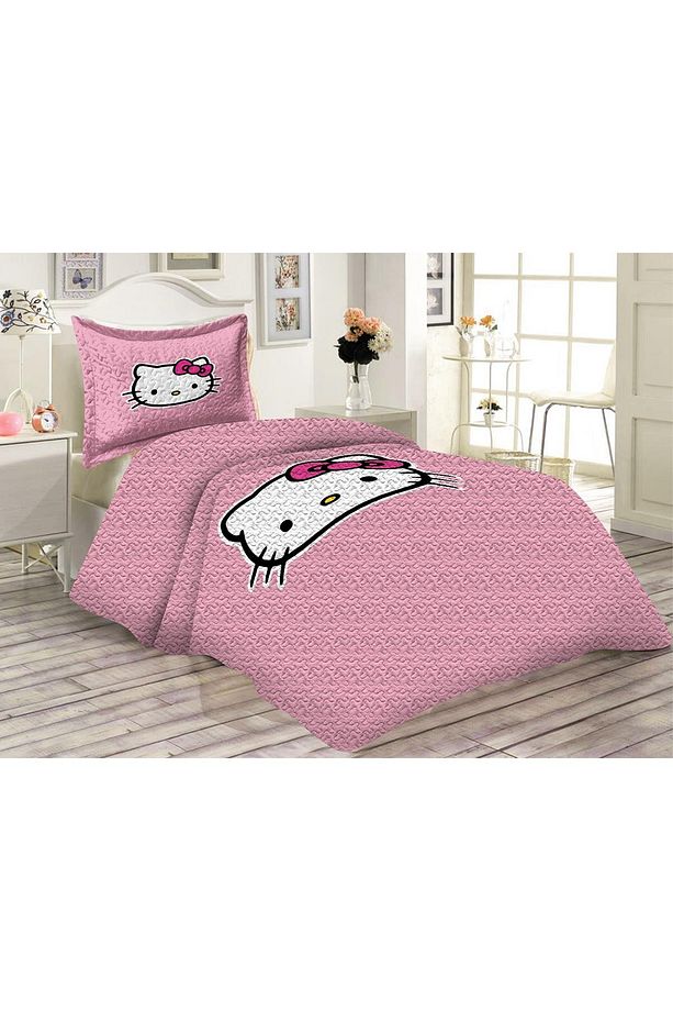 Kapitoneli Pamuk Dolgulu Kadife Kumaş Hello Kitty Desenli Tek Kişilik Çocuk Genç Yatak Örtüsü Seti - 1