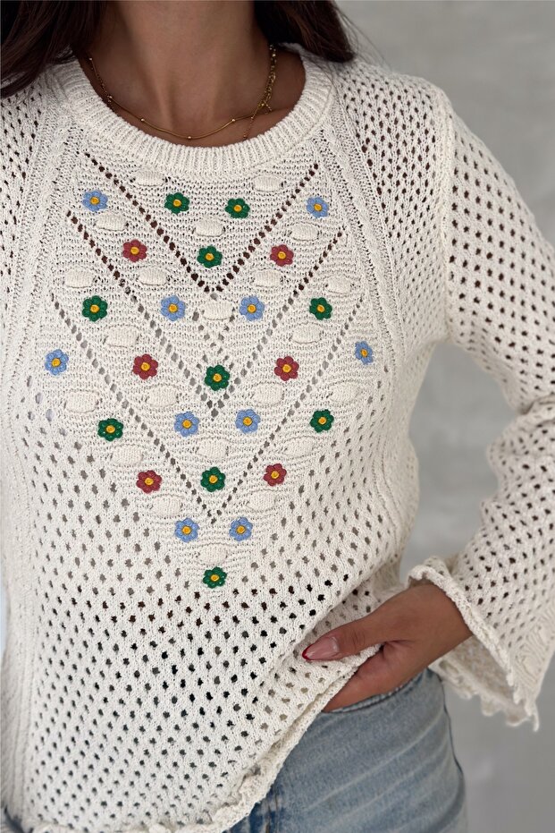 Women's Beige Standard Size Openwork Embroidered Knitwear Sweater