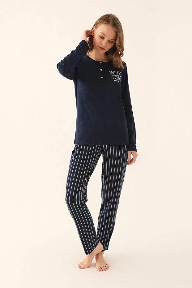 Women's Navy Blue Striped Pajama Set, Plus Size Women's Pajama Set