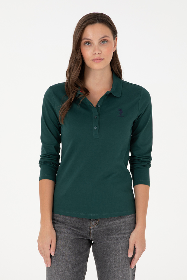 Women's Dark Green Basic Polo Neck Sweatshirt 50289541-Vr079