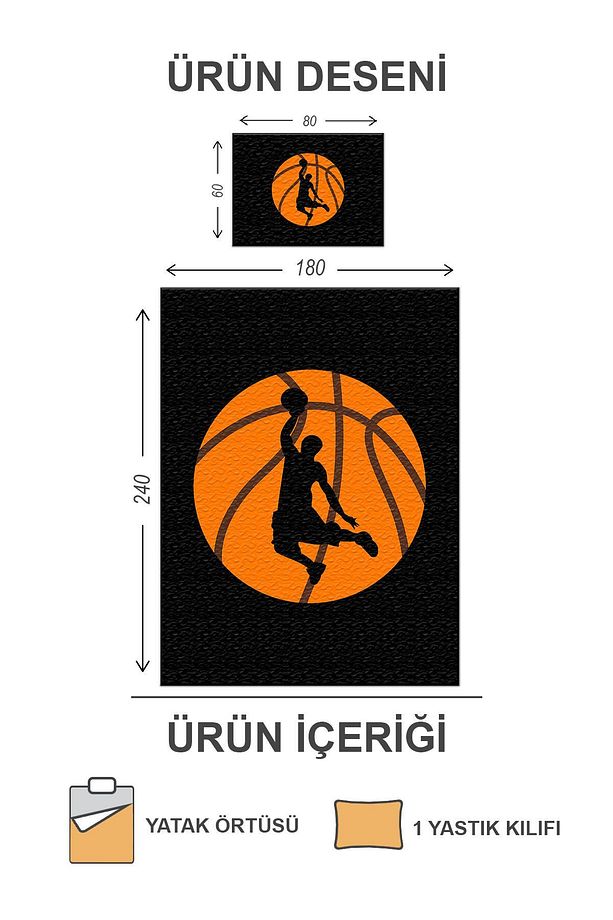 Kapitoneli Pamuk Dolgulu Kadife Kumaş Basketbol Desenli Tek Kişilik Çocuk Genç Yatak Örtüsü Seti - 2