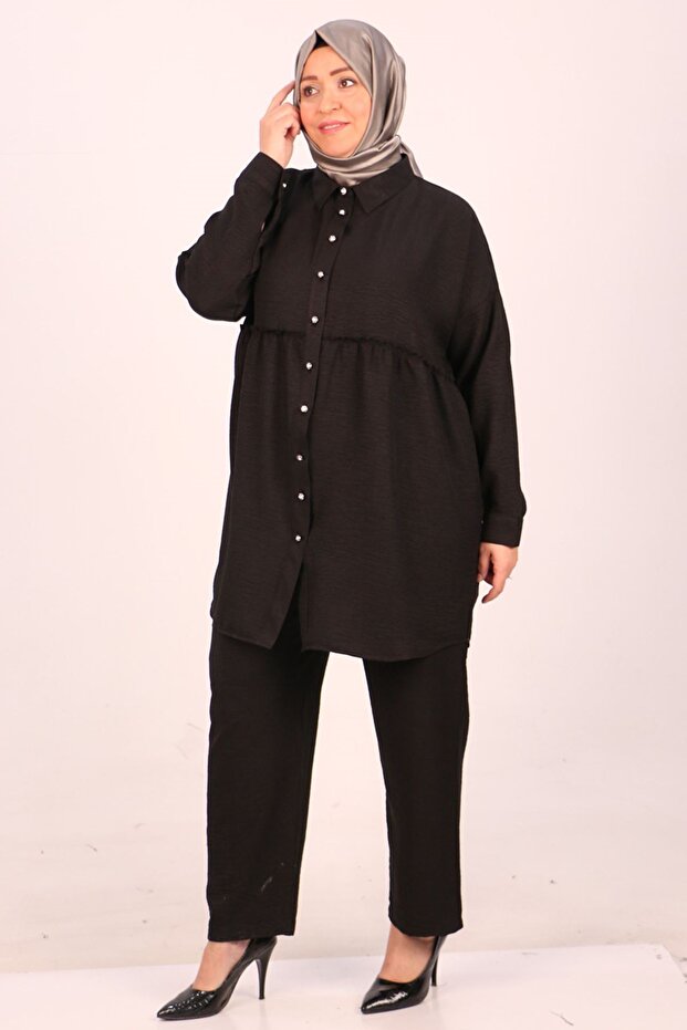 Mink-Gather Detailed Large Size Linen Trousers Suit