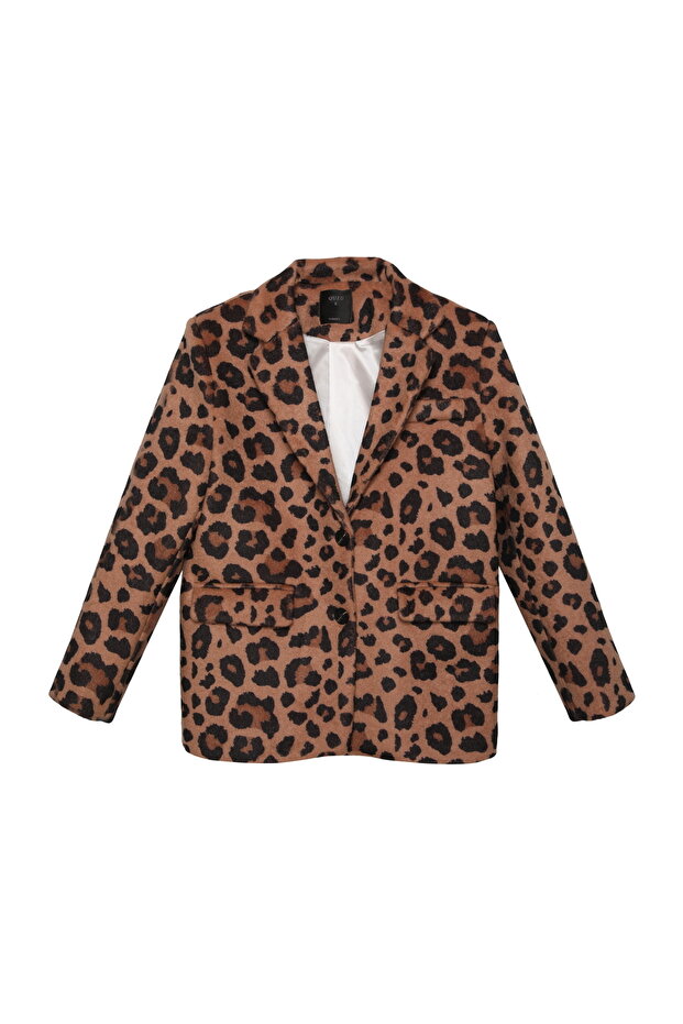 Camel Leopard Patterned Oversize Stamp Blazer Jacket - 2