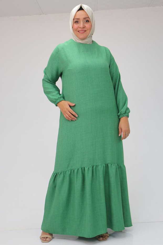 42027 Plus Size Ruched Linen Dress - Khaki