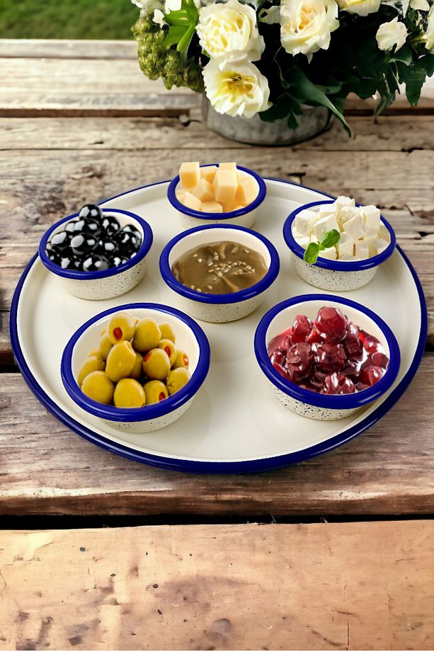 7 Parça Orta Boy Emaye Kahvaltı Seti, Sunum, Kahvaltı Tabağı, Reçellik, Zeytin, Peynir Tabağı, - 1