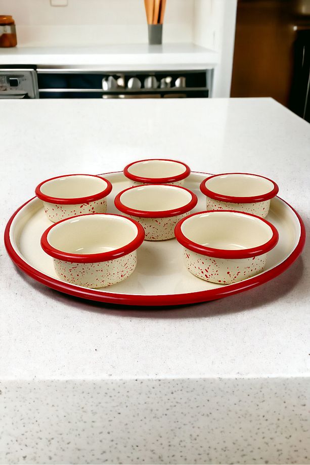 7 Parça Orta Boy Emaye Kahvaltı Seti, Sunum, Kahvaltı Tabağı, Reçellik, Zeytin, Peynir Tabağı, - 2