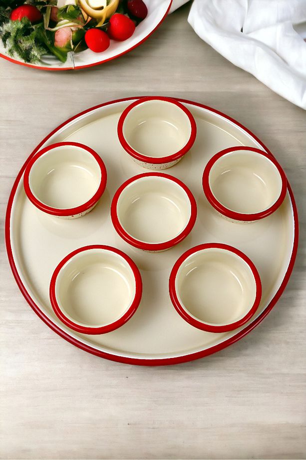 7 Parça Orta Boy Emaye Kahvaltı Seti, Sunum, Kahvaltı Tabağı, Reçellik, Zeytin, Peynir Tabağı, - 5