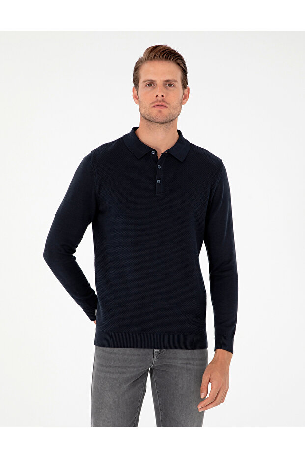 Navy Blue Slim Fit Button Polo Neck Knitwear Sweater 50300506-Vr033
