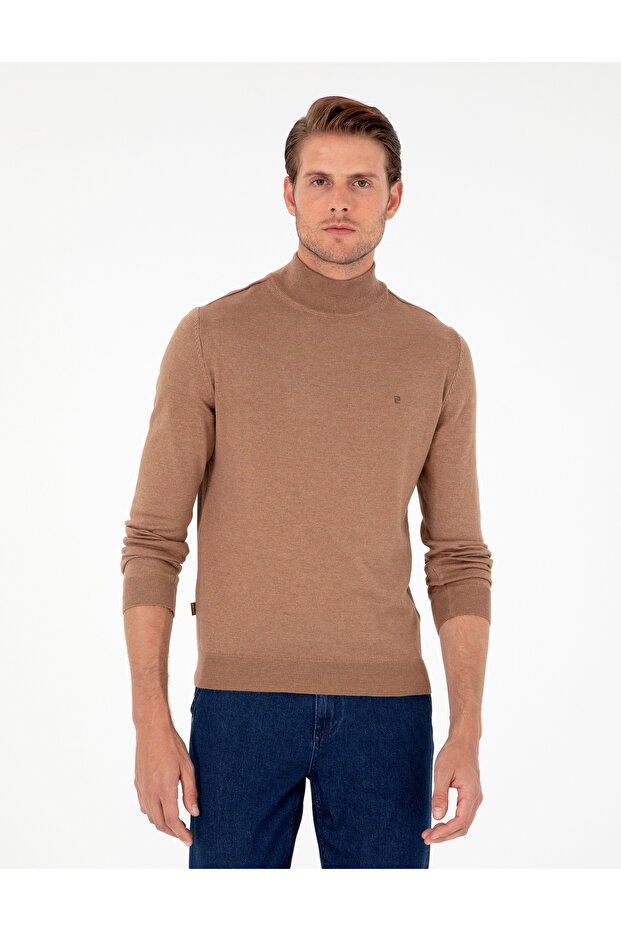 Camel Melange Slim Fit Half Turtleneck Basic Knitwear Sweater 50296614-Vr122
