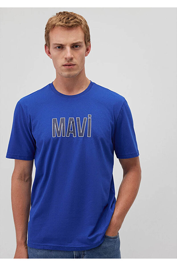 Logo Printed Saks Blue T-Shirt Regular Fit / Normal Cut 066842-70896
