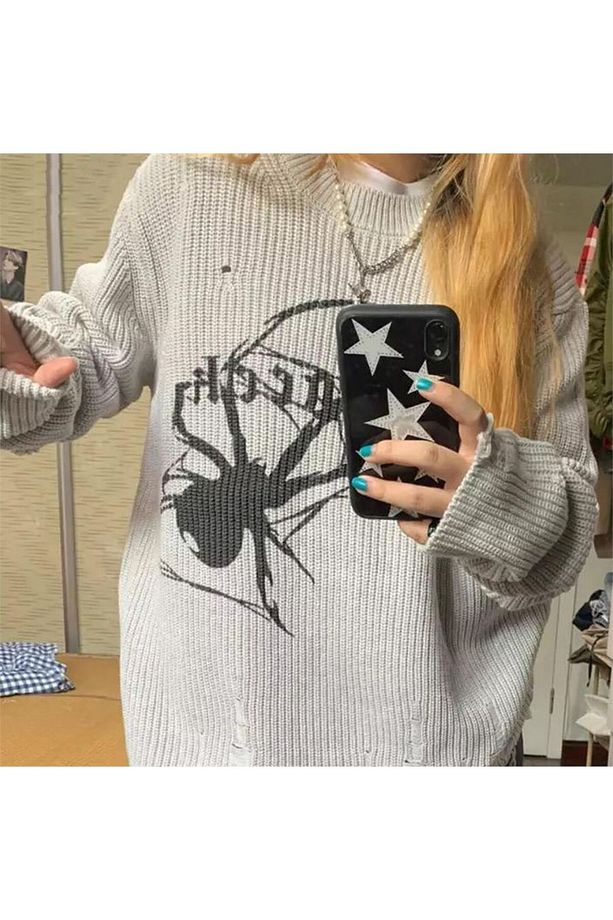 Gri Vintage Spider Pattern Oversize Kazak - 1