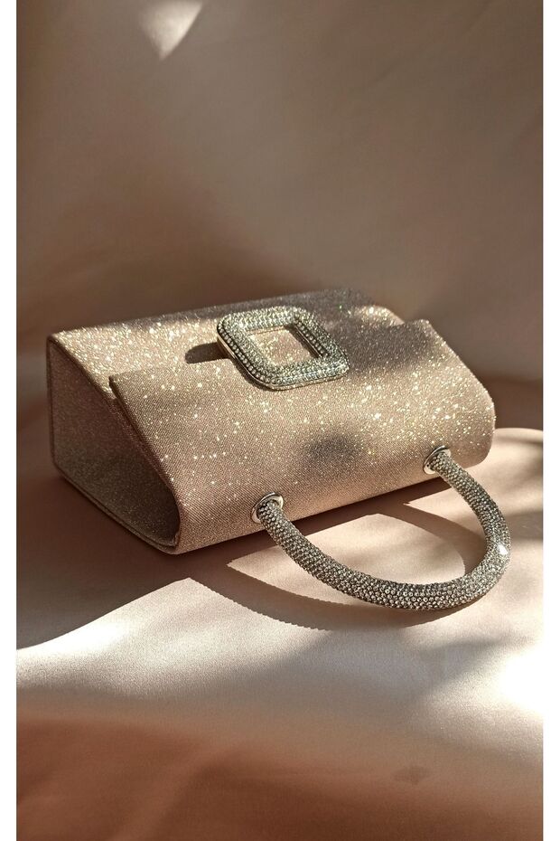Women's Gold Glitter Stone Buckle Detailed Portfolio Evening Bag with Stone Handle