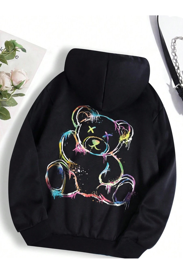 Colorful Sitting Teddy Bear Printed Unisex Black Kangaroo Pocket Hooded Sweatshirt Hoodie