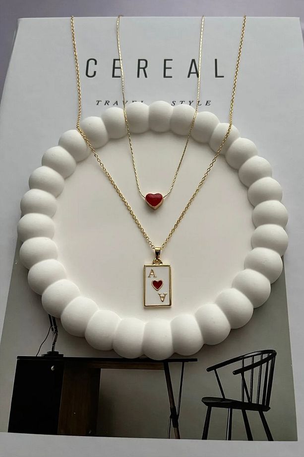 Kadın Gold Kupa As Ve Kalp Ikili Kombin Kolye Seti - Charm Kolye Set - 4
