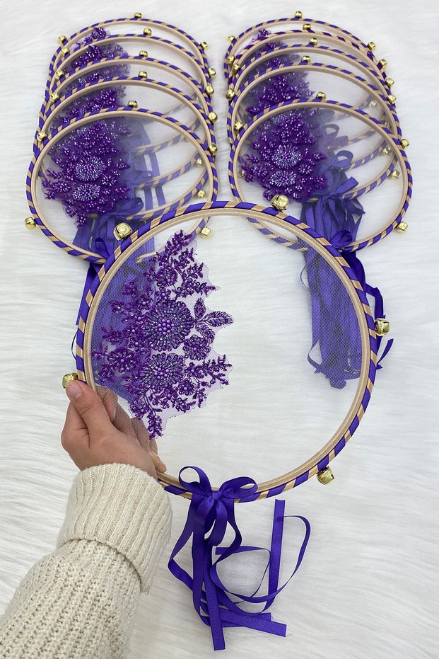 Vip Appliqued Bridal Tambourine Purple, Bridesmaid Wedding Henna Night Circumcision Bachelorette Bride Bell 25cm 1 Piece