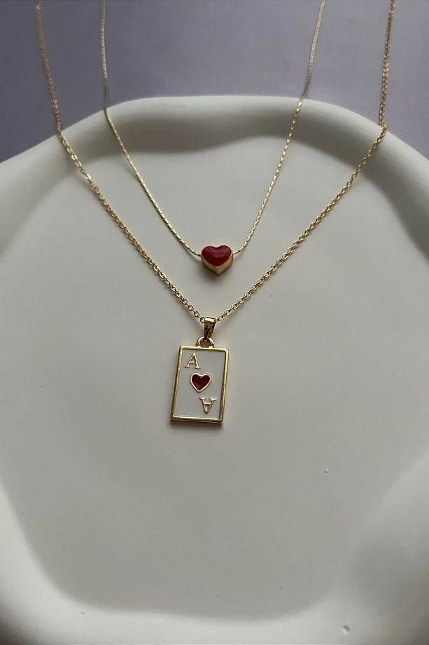 Kadın Gold Kupa As Ve Kalp Ikili Kombin Kolye Seti - Charm Kolye Set - 2