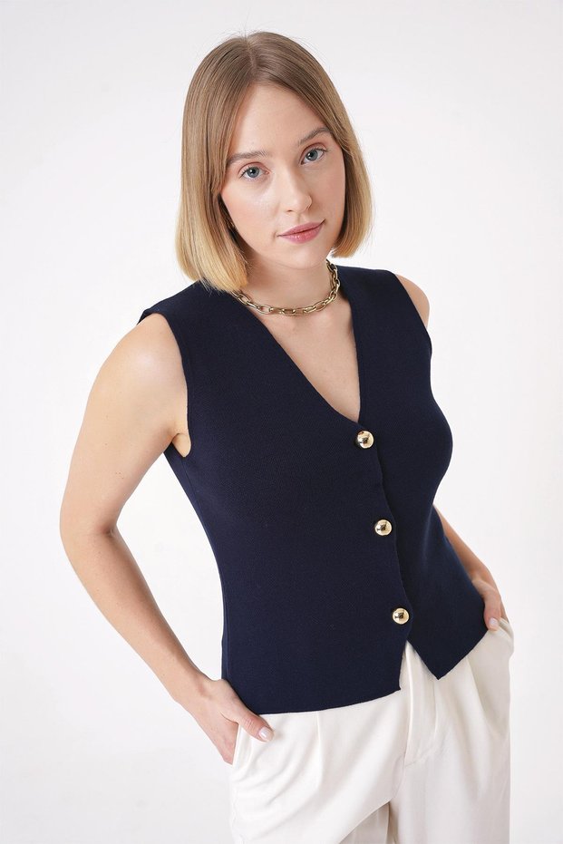 Women's Gold Buttoned Textured Regular Fit Knitwear Vest Navy Blue 25W3001