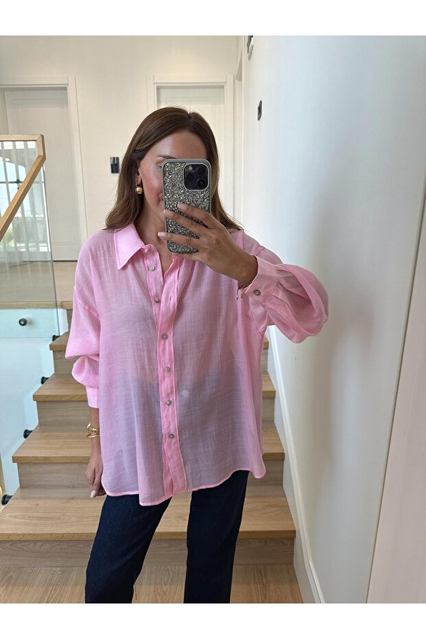 4924 Pembe Oversize İpeksi Gömlek - 5