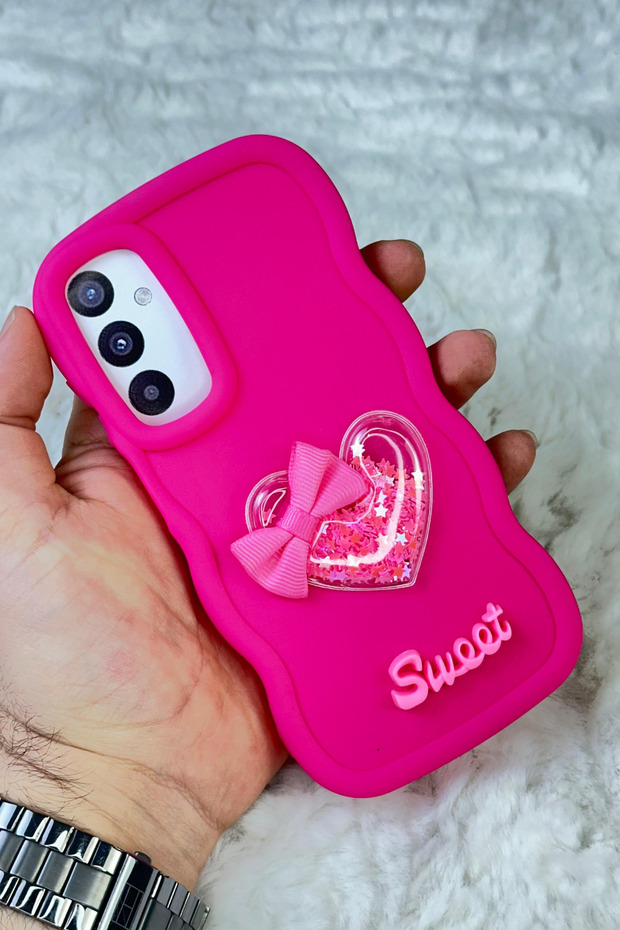 Samsung Galaxy A35 Compatible Colorful Heart Ribbon Detailed Glittery Wavy Sweety Case