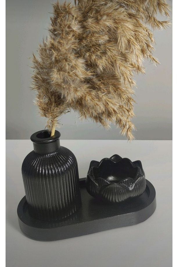 3 lü dekoratif oval sunum tabagı lotus mumluk ve vazo biblo obje süs eşyası (çiçek dahıl degıldır) - 1