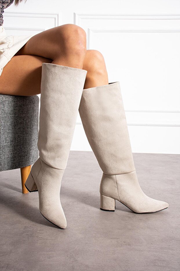 Lollr Women's Boots Thick Heeled Beige Suede