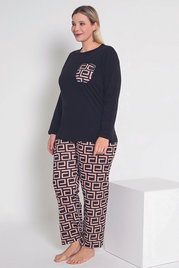 Kadın Uzun Kollu Siyah Renkli Labirent Desenli Pijama Takımı B-42 - 2