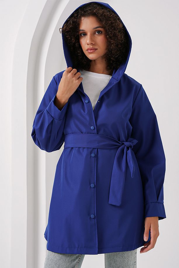 5934 Kapüşonlu Trençkot - Saks - 2