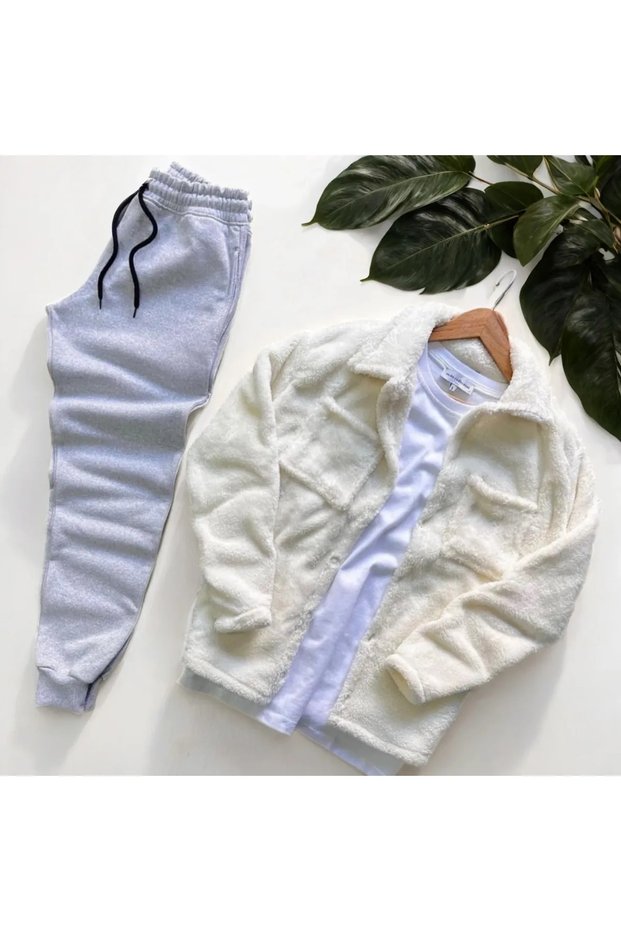 Unisex White Plush Fleece Cardigan Shirt Gray Sweatpants (T-Shirt Not Included)