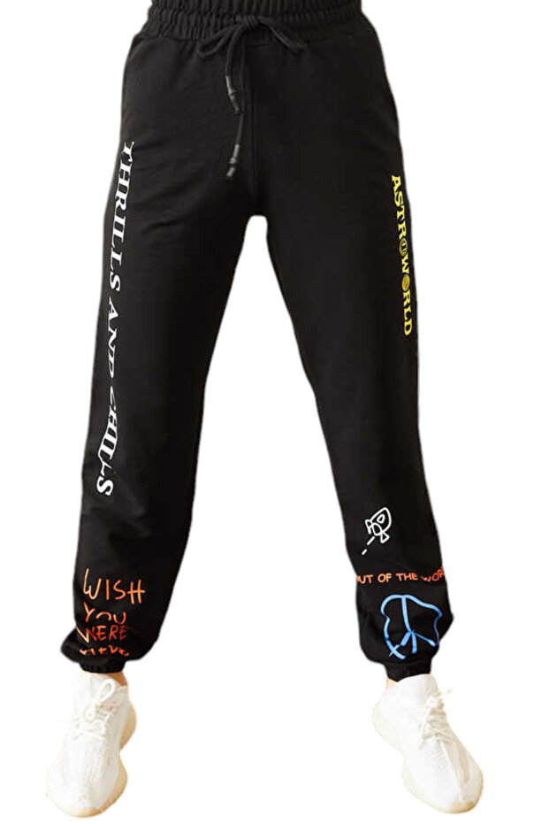 Men's / Women's Thrills Text Patterned Waist Ankle Elastic Black Sweatpants with Pockets