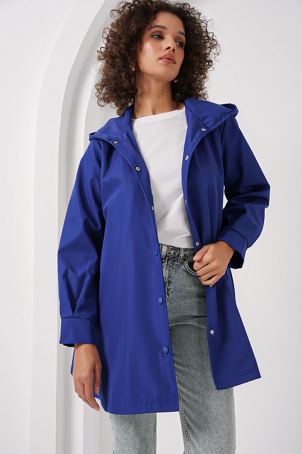 5934 Kapüşonlu Trençkot - Saks - 3
