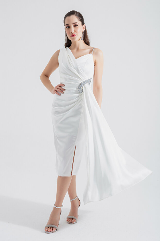 Women's White Slim Fit One Shoulder Stone Midi Evening Dress