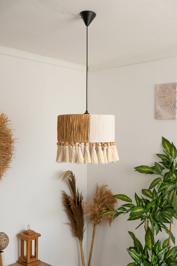 Beyaz Püsküllü Bohem Avize Rustik Rattan Avize Hasır Avize El İşçiliği Doğal Boho Chandelier - 1
