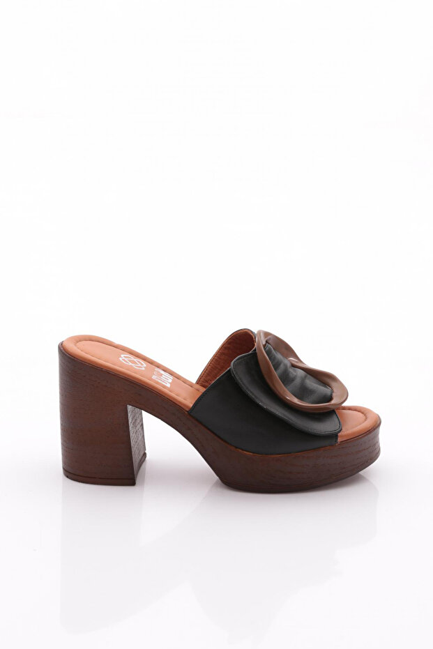 Women's Heeled Slippers Black Genuine Leather 314103992