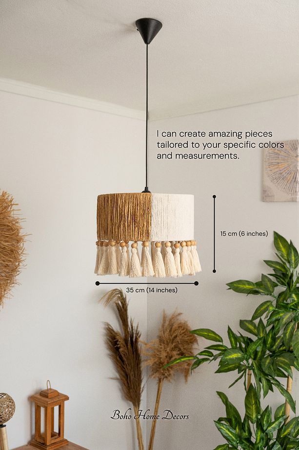 Beyaz Püsküllü Bohem Avize Rustik Rattan Avize Hasır Avize El İşçiliği Doğal Boho Chandelier - 2