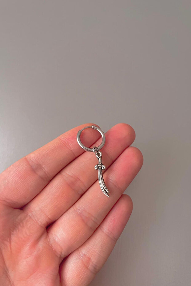 Unisex Silver Elephant Sword Hz. Ali Dangle Steel Hoop Earrings