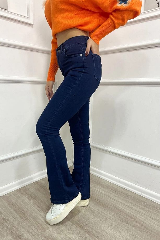 Star Yüksek Bel Koyu Mavi Jeans Lacivert İspanyol Paça Kot Pantolon - 3