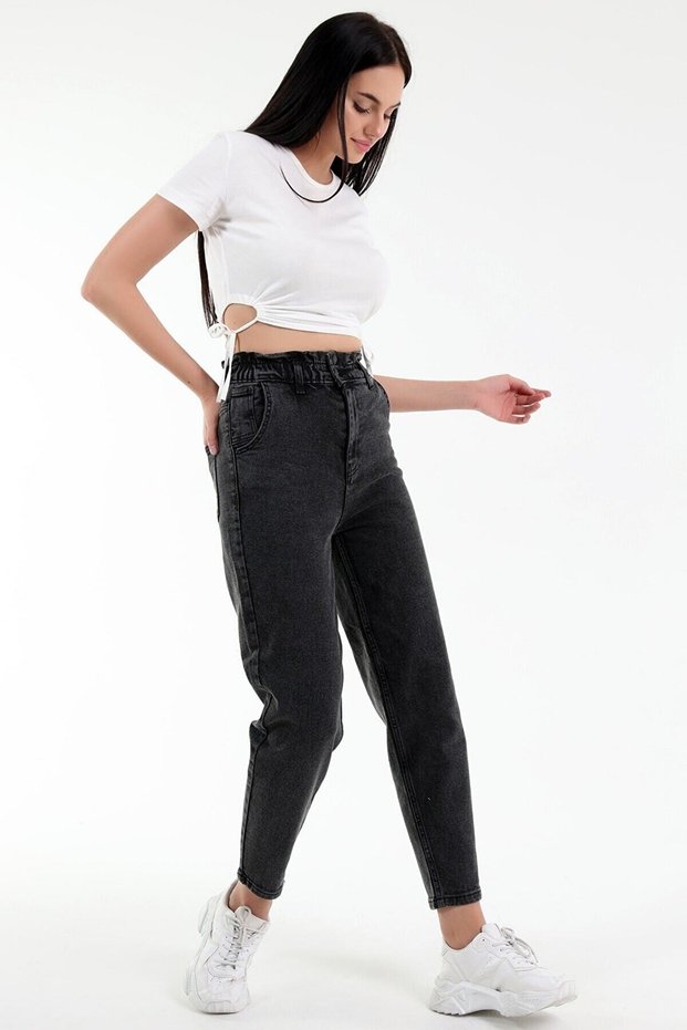 Serenay High Waist Mom Jean Elastic Waist Denim Anthracite Lycra Boyfriend Trousersfrango