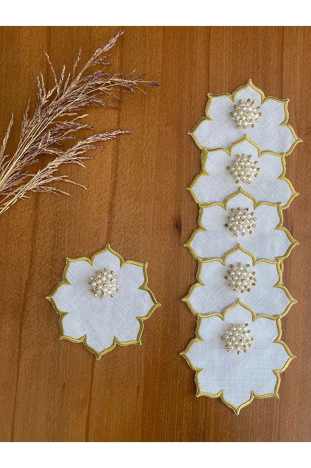 6 Adet Linen Keten Altın Renk Gold  İncili Yıldız Desenli Kokteyl Sunum Peçetesi - 1