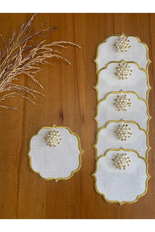 6 Pieces Linen Gold Color Cocktail Serving Napkin with Gold Pearls - 1