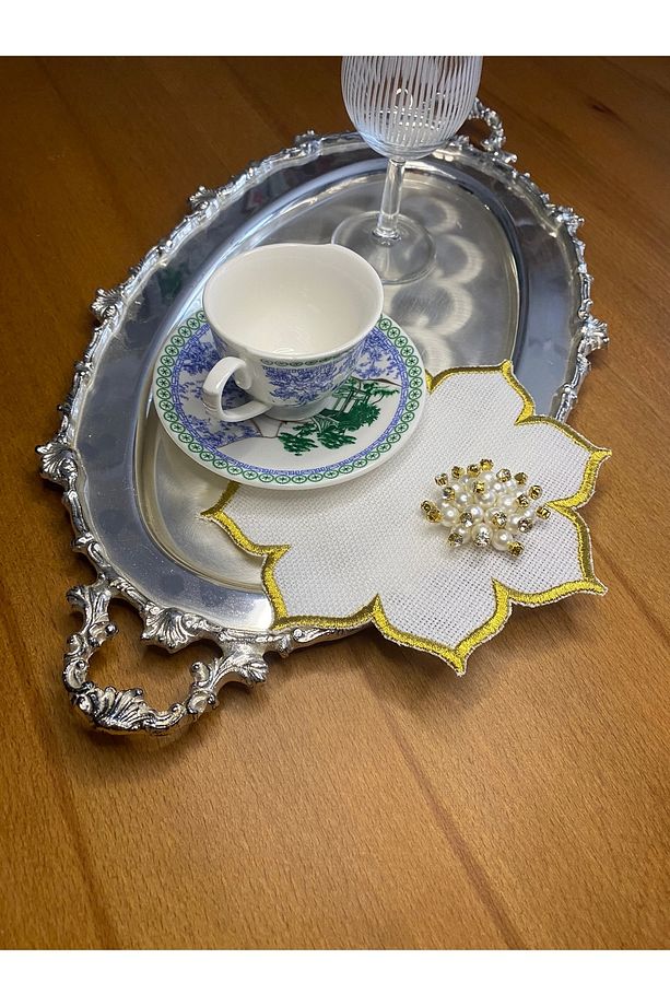 6 Adet Linen Keten Altın Renk Gold  İncili Yıldız Desenli Kokteyl Sunum Peçetesi - 3